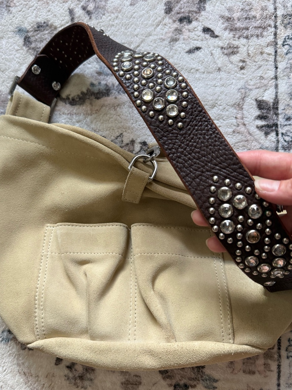 Y2K Tylie Malibu Suede Hobo Utility Bag Rhinestone Crystal Leather Strap Boho